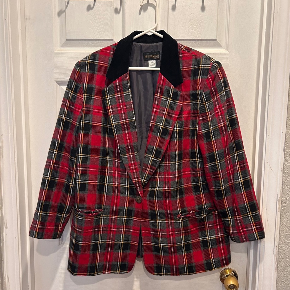 VTG REQUIREMENTS Red Plaid Blazer Velvet Collar 16W Classic‎ Business Holiday